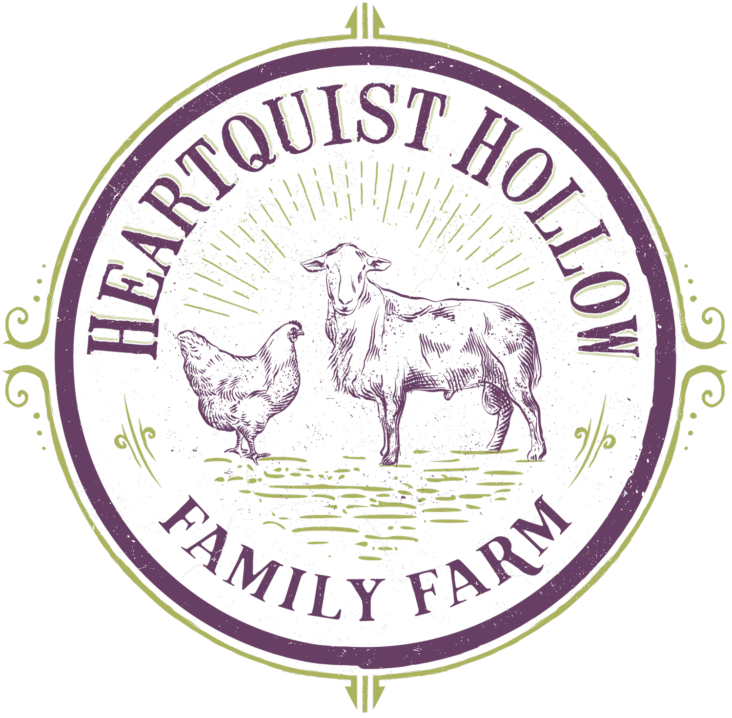 Logo of Heartquist Hollow Family Farm featuring a cow and a chicken, surrounded by a circular design with the farm's name. Ideal for promoting sustainable farming and family-run agricultural practices.